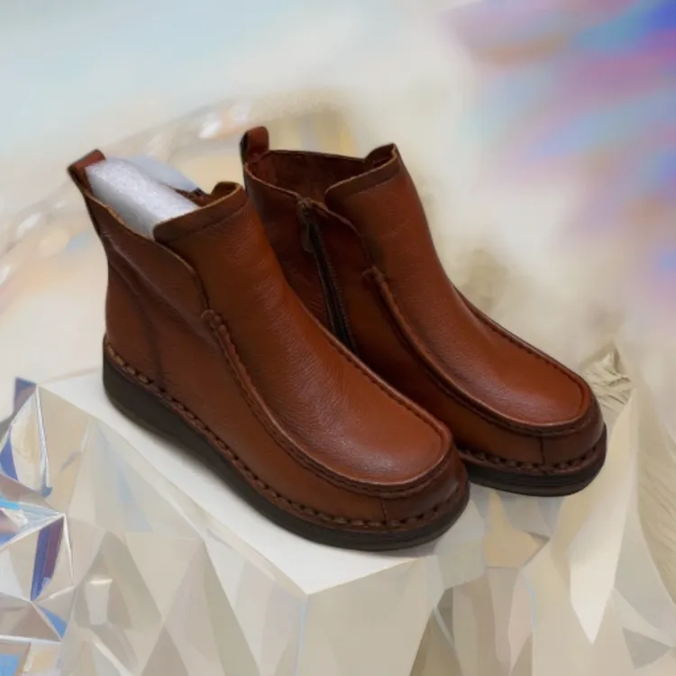 秋冬新款英伦风真皮套脚短靴女时尚百搭厚底切尔西靴