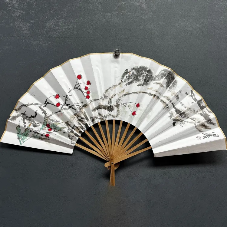 一画庐田青花鸟折扇