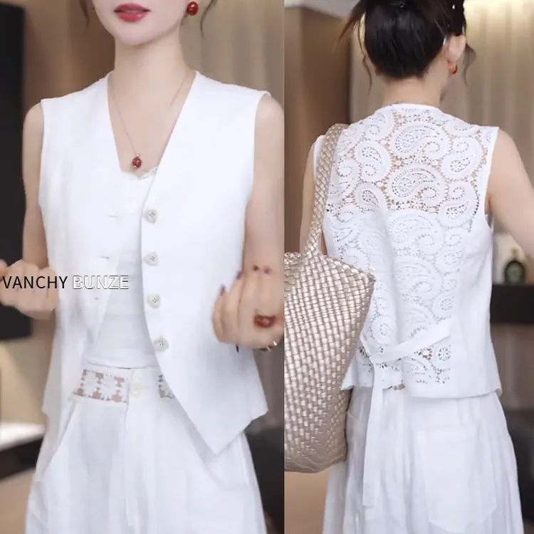 圈圈BUNZE 2025新款法式蕾丝拼接亚麻轻薄马甲女式外穿通勤风高级