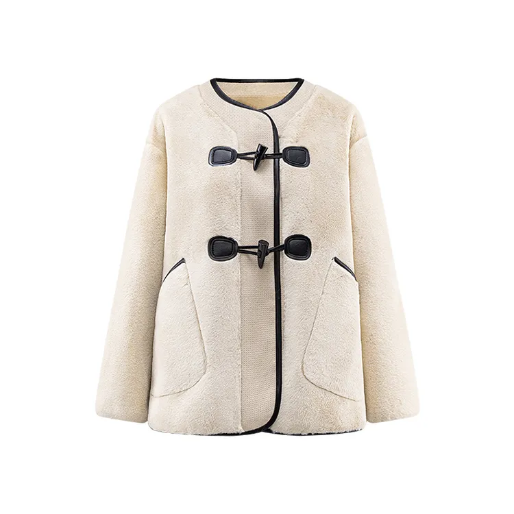 圆领牛角扣毛毛外套女减龄宽松短上衣冬季新款加厚保暖