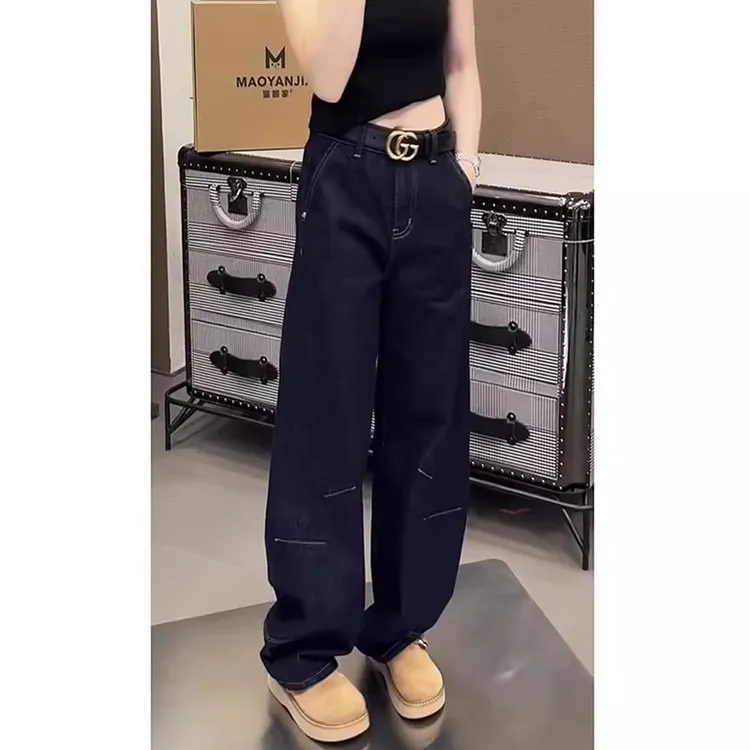 欧货镰刀牛仔裤女秋冬2025新款宽松百搭香蕉裤高腰显瘦褶皱阔腿裤