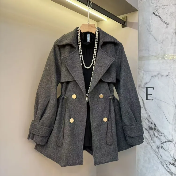 2025秋新款西装领抽绳收腰显瘦毛呢时尚款加棉保暖上衣外套7380