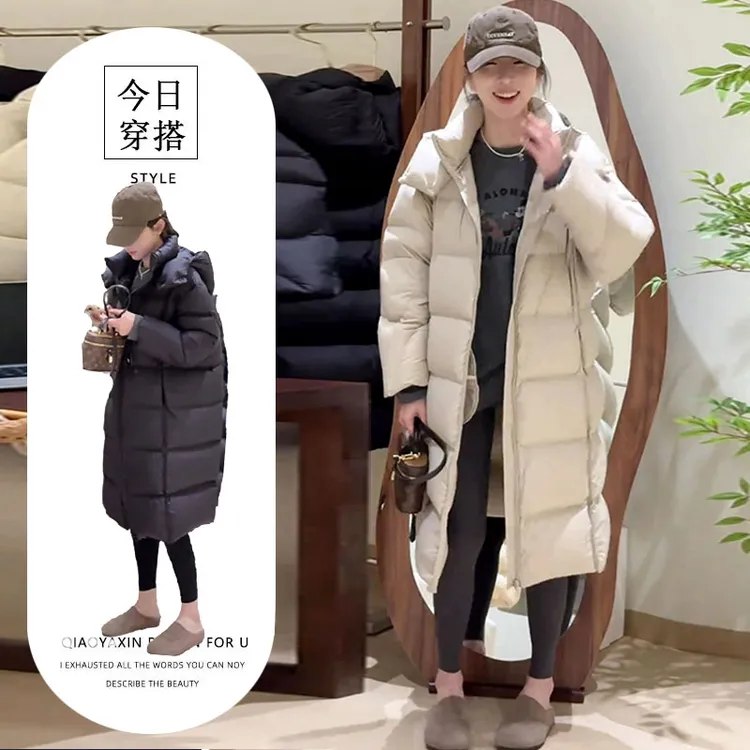 2025冬季新款时尚高级设计感中长款连帽百搭过膝加厚棉服外套女装
