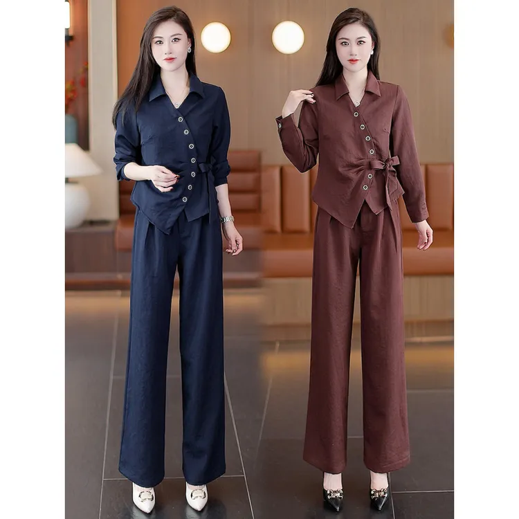 秋季长袖不规则衬衫时尚套装收腰系带衬衣阔腿直筒裤两件套一整套