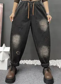 宽松牛仔裤百搭哈伦裤时尚复古刺绣哈伦裤水洗秋季
