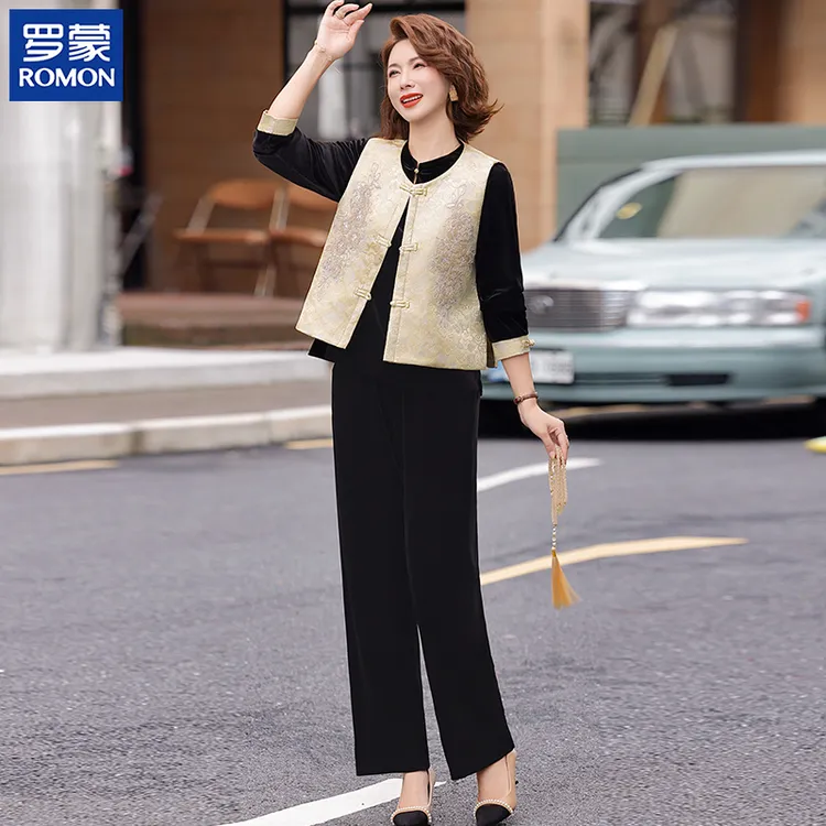 罗蒙妈妈秋装时尚新中式套装中年国风绣花马甲中老年女洋气三件套