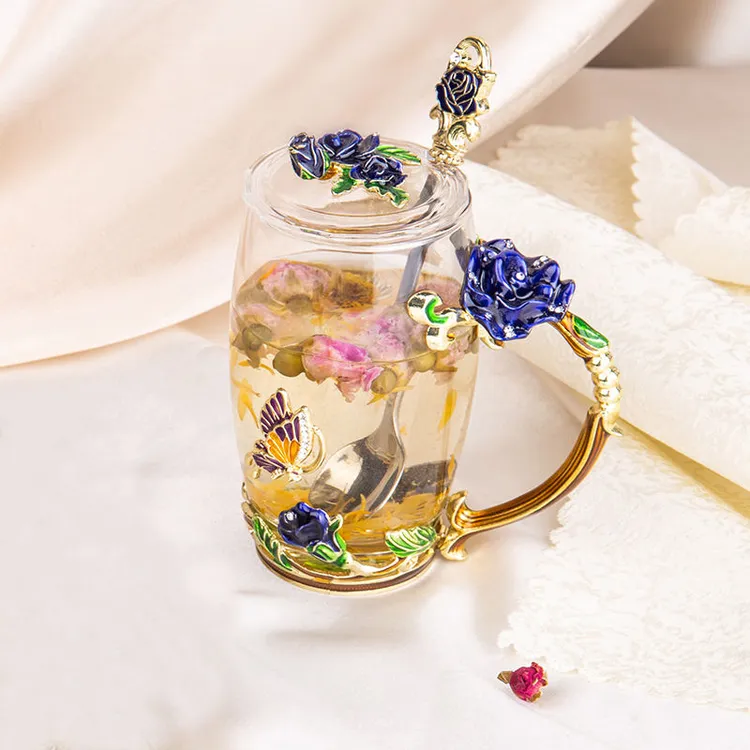 蓝色高款珐琅彩水杯玫瑰花家用玻璃杯牛奶送老师【带盖+带勺】