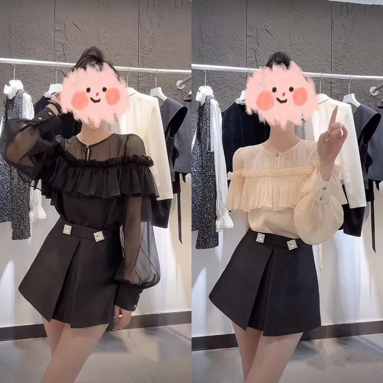 法式荷叶边衬衫长袖2025夏季新款显瘦宽松洋气上衣镶钻高腰短裙裤
