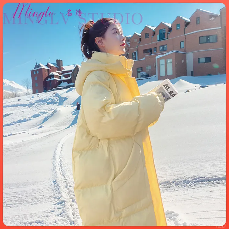 甜美风ins奶羽绒服女中长款过膝宽松黄色羽绒服2026冬季新款外套