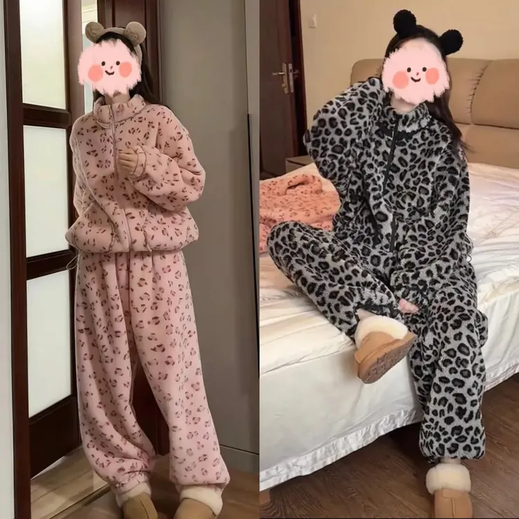 2025冬季保暖宽松豹纹新款设计感休闲时尚加绒加厚服家居服套装女