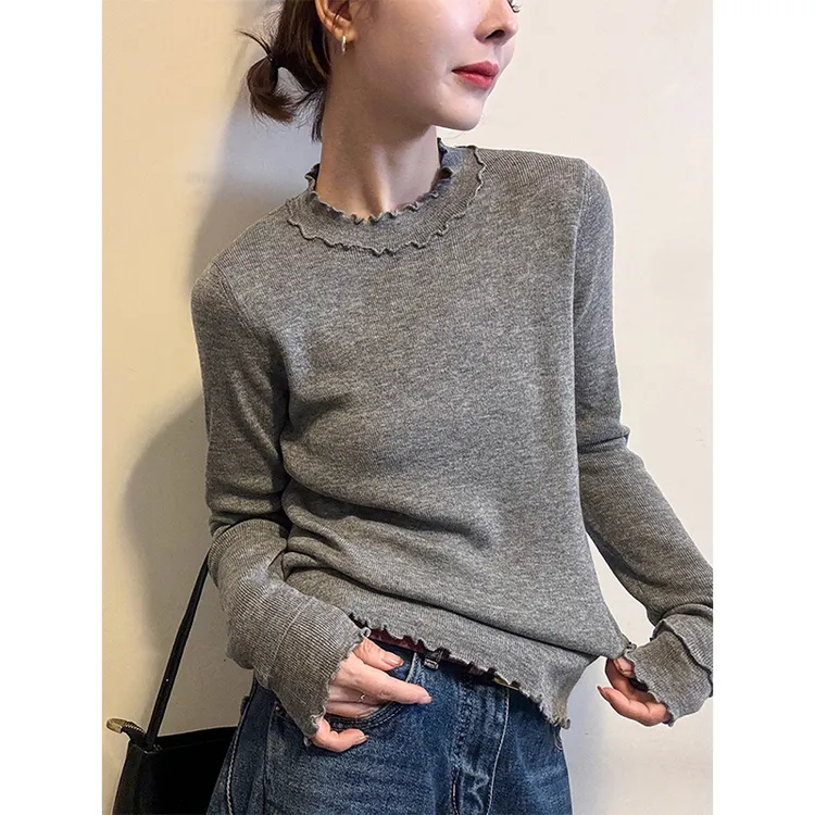 韩系灰色木耳边假两件针织打底衫女秋冬设计感修身显瘦内搭上衣厚