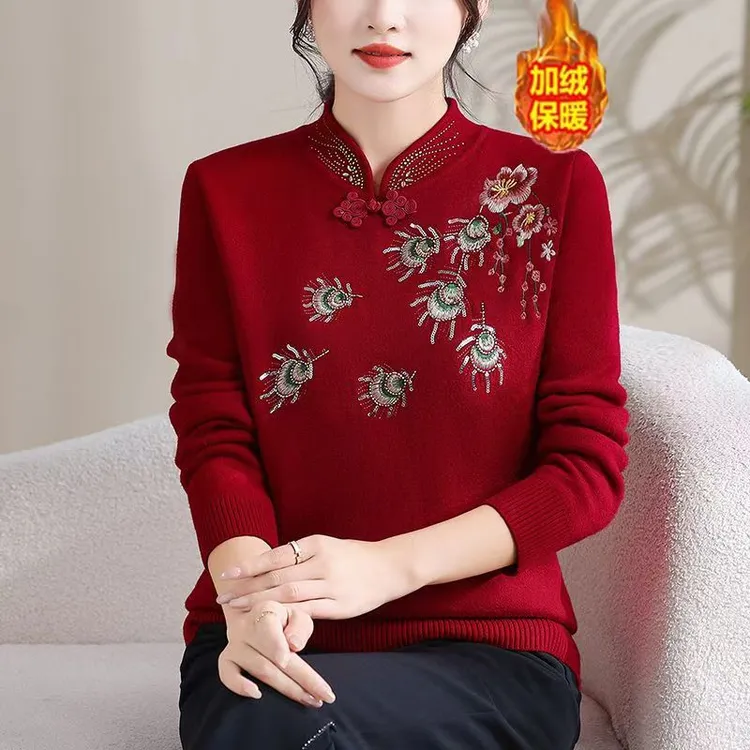 妈妈秋冬毛衣加绒加厚针织打底衫中老年洋气宽松时尚保暖上衣