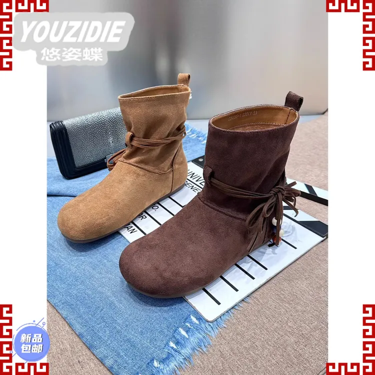 YOUZIDIE欧货2025秋冬季新款小众绑带圆头个性马丁靴内增绒面切尔