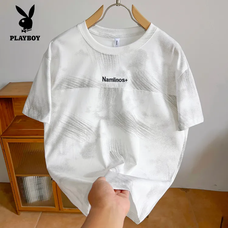 花花公子夏季薄款冰丝短袖男款凉感男士高端休闲半袖扎染圆领T恤