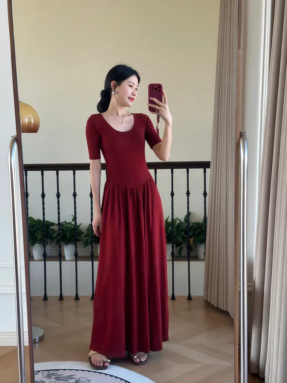 羊毛混纺大裙摆长裙中袖针织A字收腰芭蕾风时尚连衣裙无袖背心裙
