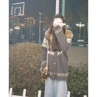 美式高街费尔岛韩版毛领长袖针织毛衣开衫女秋冬宽松百搭休闲上衣