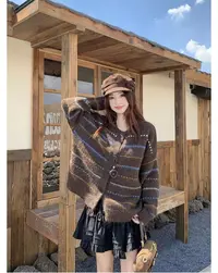 小香风条纹毛衣外套女2025秋季新款大码胖mm慵懒风针织开衫上衣