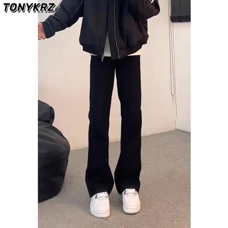 TONYKRZ黑色弯刀柳叶牛仔裤男美式高街百搭直筒修身显瘦微喇长裤