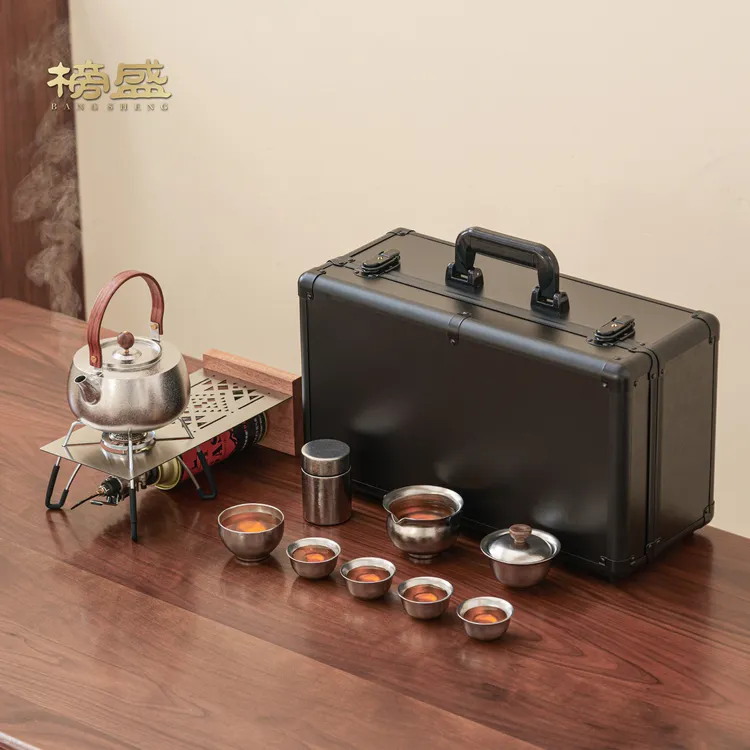 榜盛纯钛户外旅行茶具套装便携式高端户外露营泡茶壶茶杯收纳箱