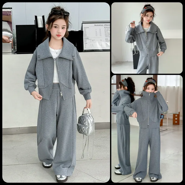 女童秋装套装2025新款6-12岁女大童开学季休闲外套阔腿裤两件套