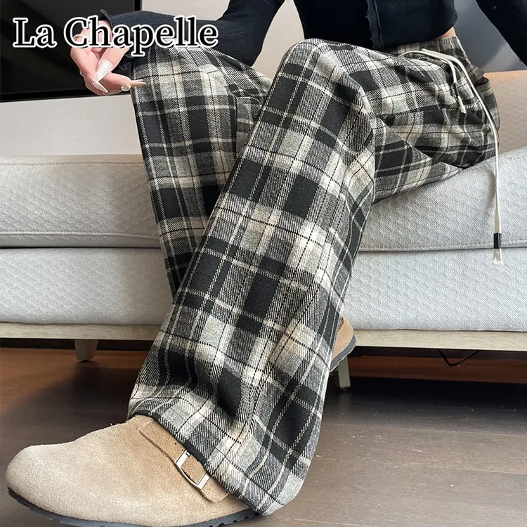 拉夏贝尔秋季新款格纹抽绳垂感直筒裤百搭高腰宽松显瘦休闲阔腿裤