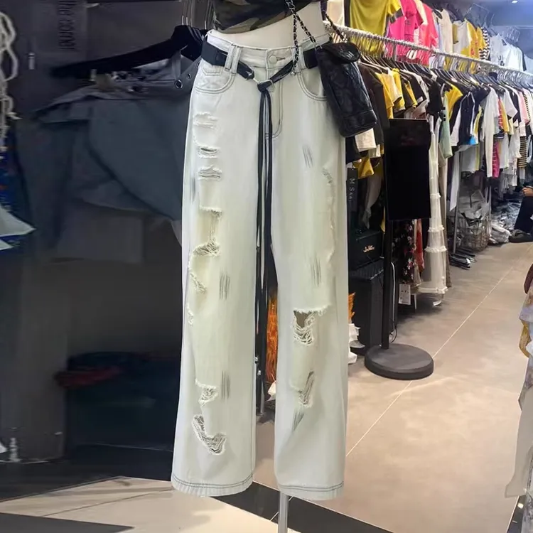 2025夏季新款复古休闲破洞阔腿牛仔裤女宽松显瘦高腰直筒拖地裤子