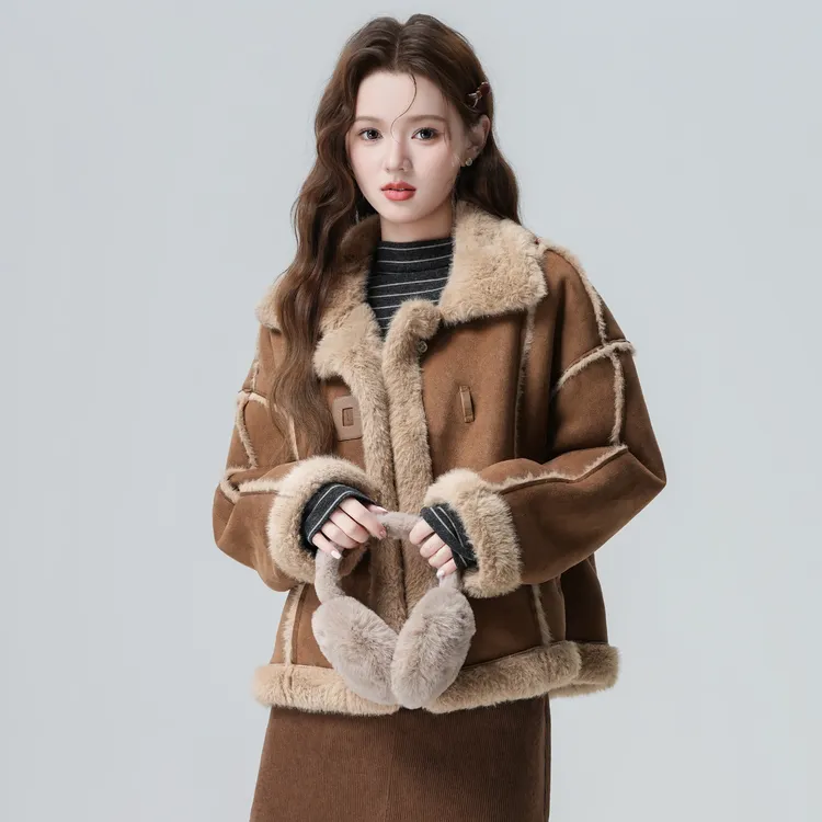 咖色麂皮绒外套女冬2025冬季新款翻领皮毛一体羊羔毛外套短款上衣