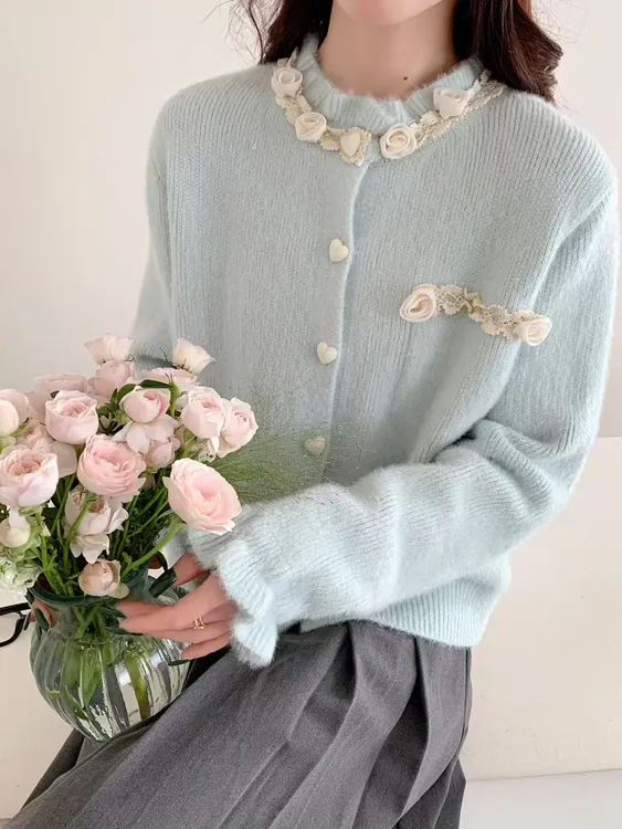 不起球小香风仙女毛针织衫开衫时尚水貂加厚气质甜美圆领亮丝毛衣