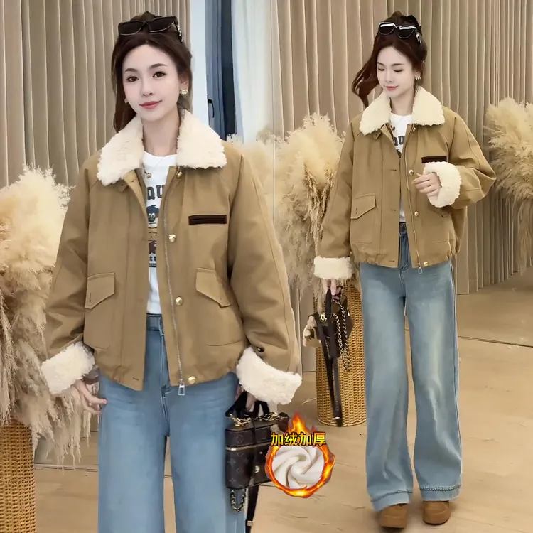 羔毛拼接翻领加绒加厚棉衣女2025冬季新款宽松显瘦夹克减龄外套