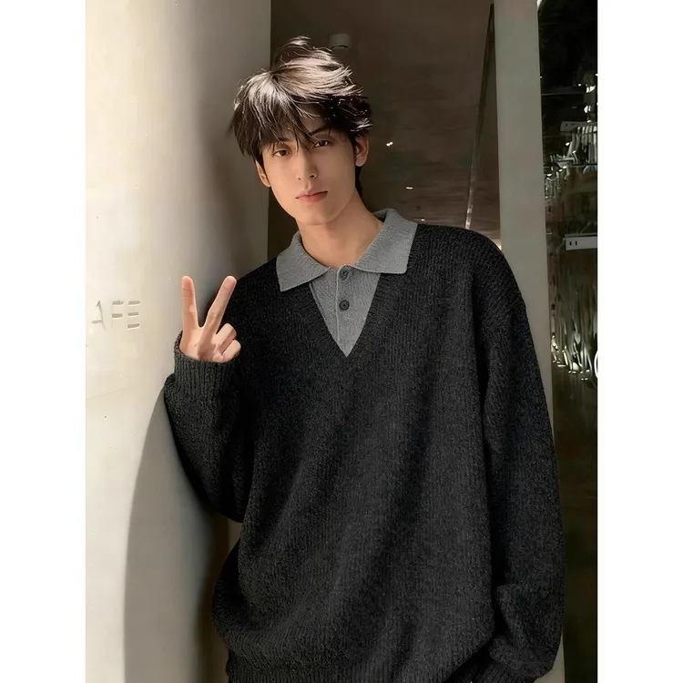灰色假两件V领毛衣男款冬季高级感慵懒polo针织衫保暖老钱风外套