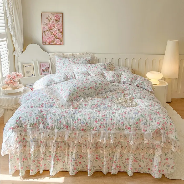 韩式公主风小清新少女心仙女荷叶边小碎花印花床单被套单被床裙床