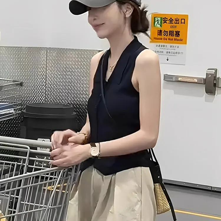 藏青色polo领针织小吊带女夏季设计感修身短款无袖背心上衣外穿