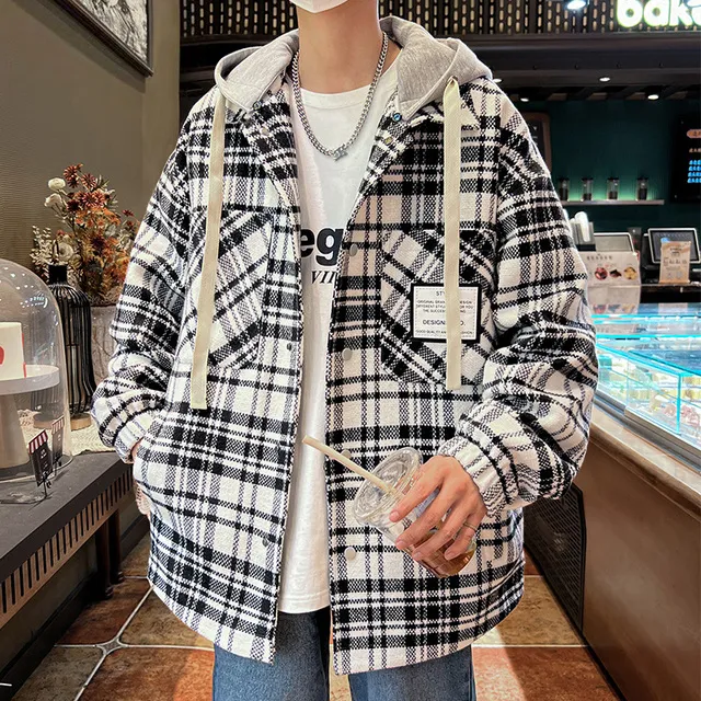 假两件夹克男春秋季新款男装连帽格子开衫外套大码高街休闲上衣服