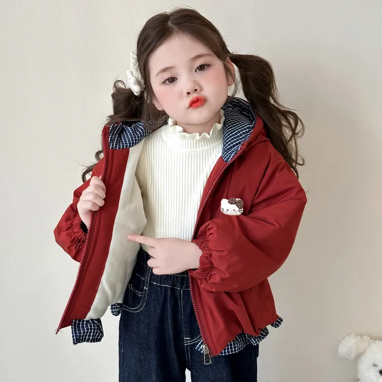 女童加绒秋冬季外套2025新款女宝宝加厚冬装儿童休闲连帽上衣冬装