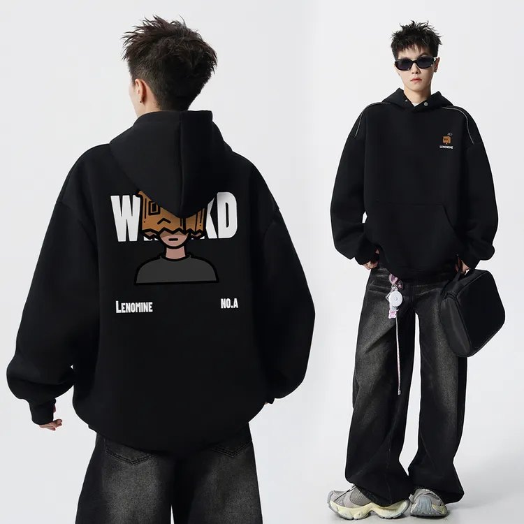 重磅秋冬加绒加厚卫衣男女同款连帽痞帅印花美式潮牌上衣外套男