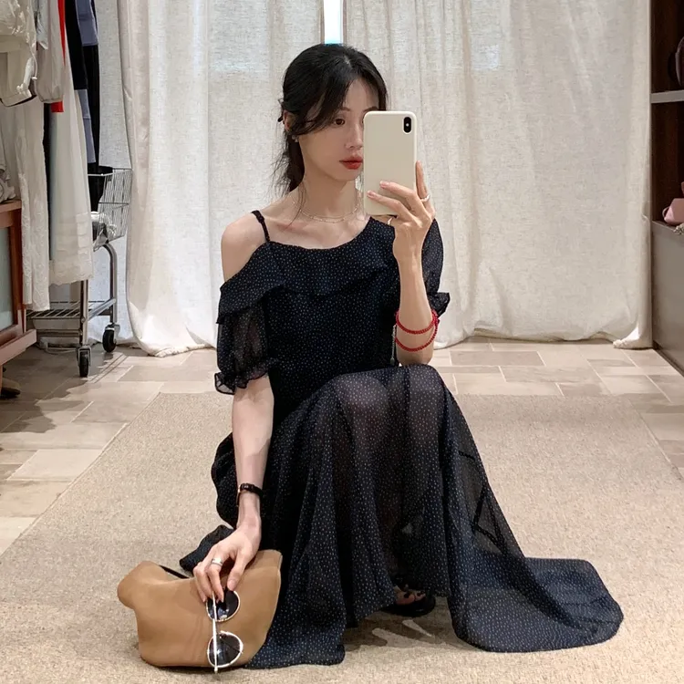 韩系藏青色波点荷叶边网纱连衣裙女2025夏新收腰气质长裙