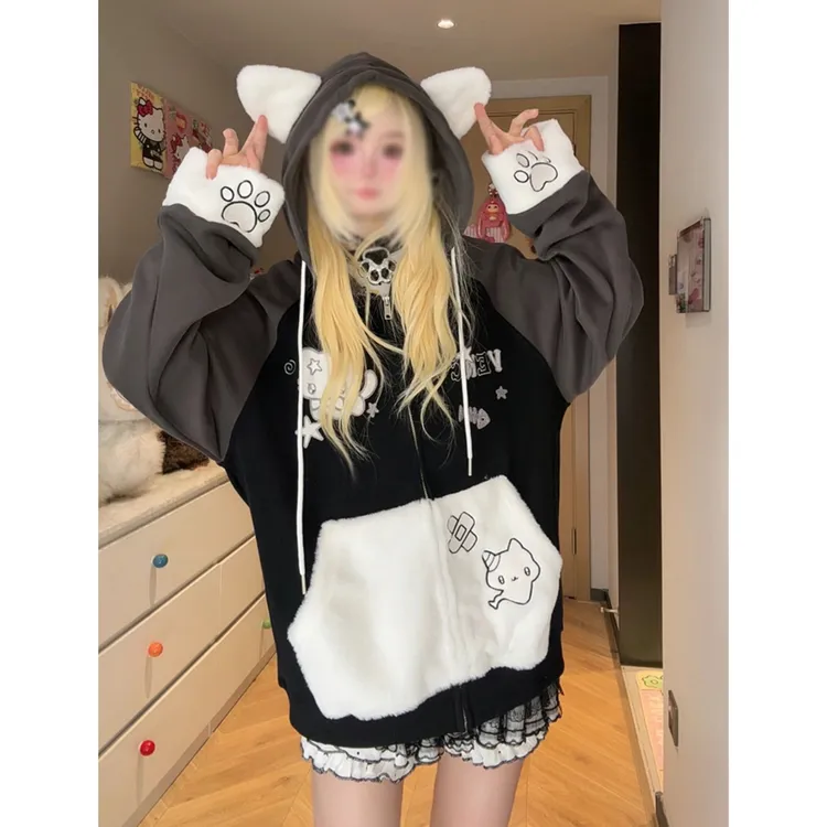 纯棉美式复古字母刺绣连帽卫衣女春秋宽松慵懒风oversize外套上衣