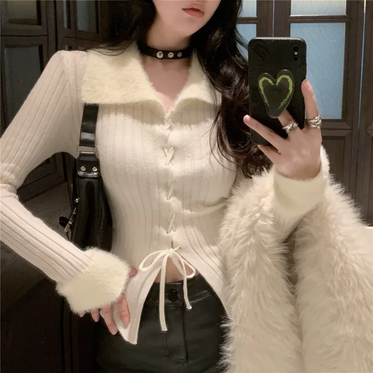 纯欲辣妹开衫女洋气小香风系带针织打底内搭水貂绒毛衣外套显瘦