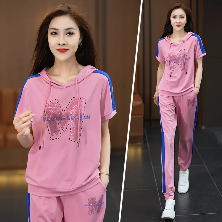 夏季时尚连帽运动服套装女2025新款时尚洋气宽松短袖休闲两件套薄