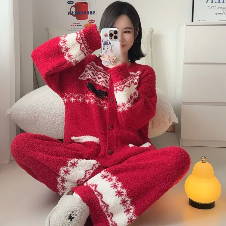 PINKWEO 红色半边绒开衫睡衣女春秋冬软绵绵加厚保暖本命年家居服