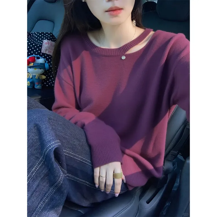 韩系慵懒风松弛感宽松显瘦毛衣上衣紫红色不规则镂空针织衫女秋冬