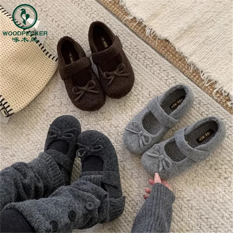 啄木鸟内增高厚底单鞋女2025毛呢圆头蝴蝶结加绒保暖玛丽珍勃肯鞋