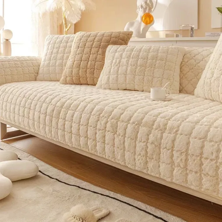 加绒加厚防滑全盖沙发垫坐垫子盖布纯色毛绒简约高档欧式通用型