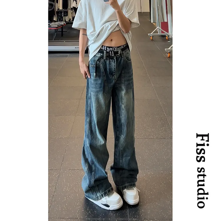 美式复古做旧秋季弯刀宽松阔型四季牛仔裤男女同款春秋显瘦高腰