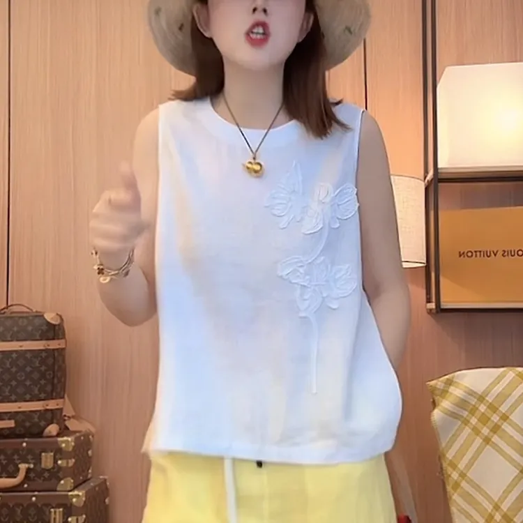 白色亚麻休闲无袖t恤女夏季2025新款时尚显瘦洋气减龄高级感上衣