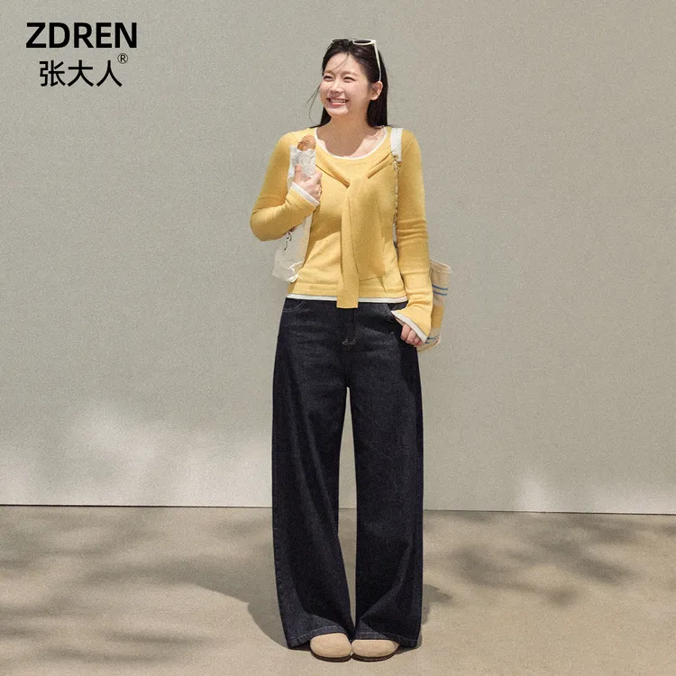 张大人【柠檬蜜茶】大码女装微胖妹妹撞色绑带针织上衣牛仔裤套装