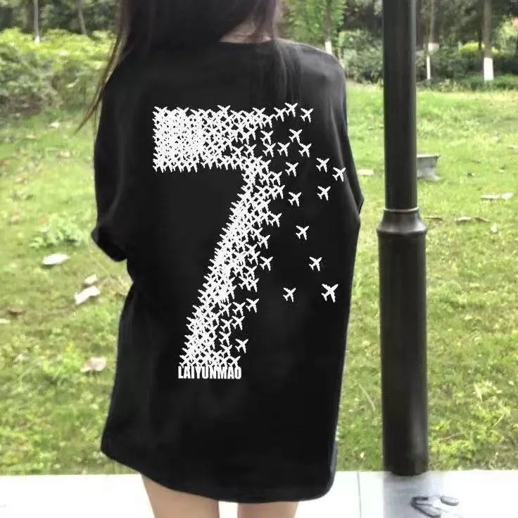 100%纯棉潮牌美式数字印花短袖慵懒休闲T恤新款情侣夏季宽松上衣