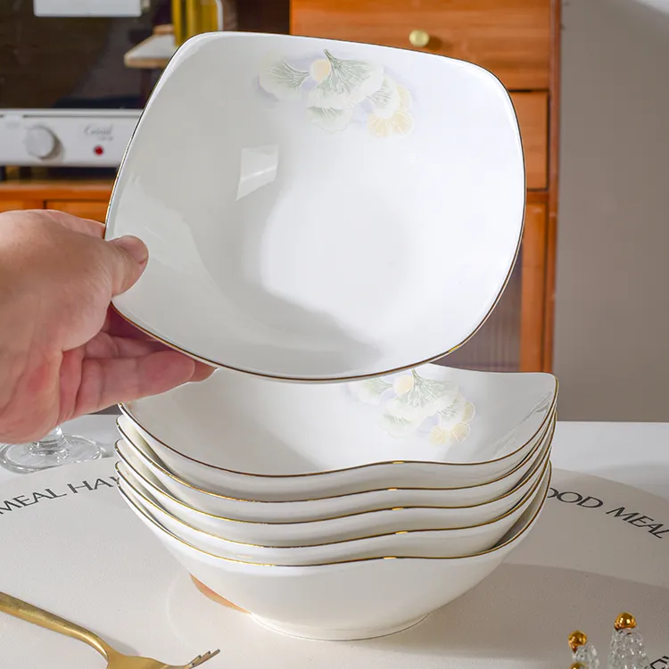 W【6只装】锦绣银杏叶8英寸翘脚碗高端碗碟2025新骨瓷釉下彩餐具