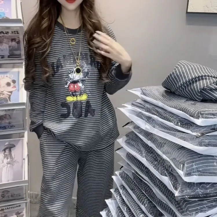 秋冬长袖条纹卡通米奇宽松休闲显瘦舒适女家居服
