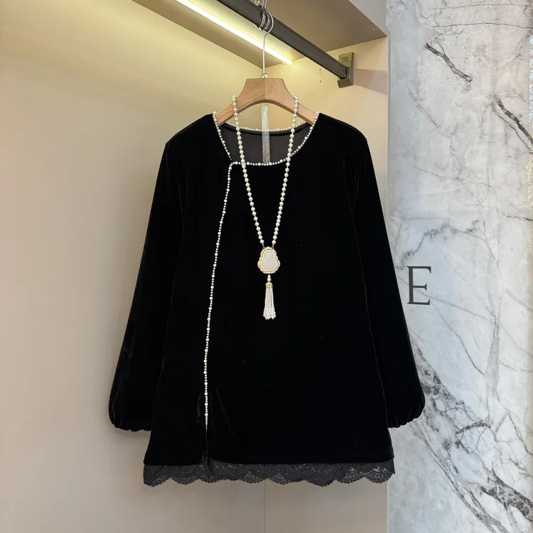 2025大码欧货胖mm丝绒珍珠休闲百搭宽松设计感胖mm显瘦上衣8955